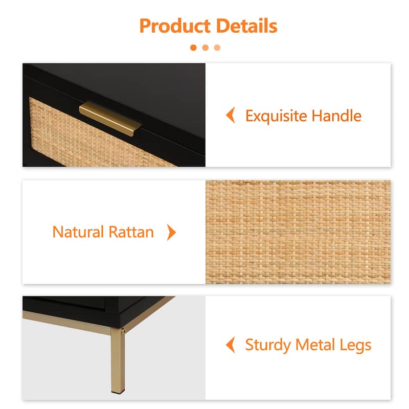 Anmytek 2-Drawer Farmhouse Black Wood Rattan Nightstand Bedside Table Side Table for Bedroom