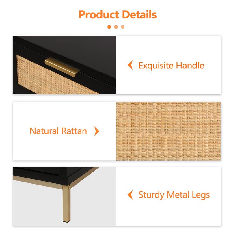 Anmytek 2 Drawer Modern Wood Rattan Black Nightstand Farmhouse Bedside Table