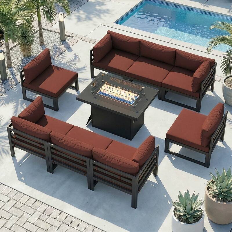 9-Piece Aluminum Outdoor Furniture Set With Fire Pit Table Propane/Natural Gas 60,000 BTU, Extra Large Aluminum Patio Sectional - Gray Frame - Burgundy