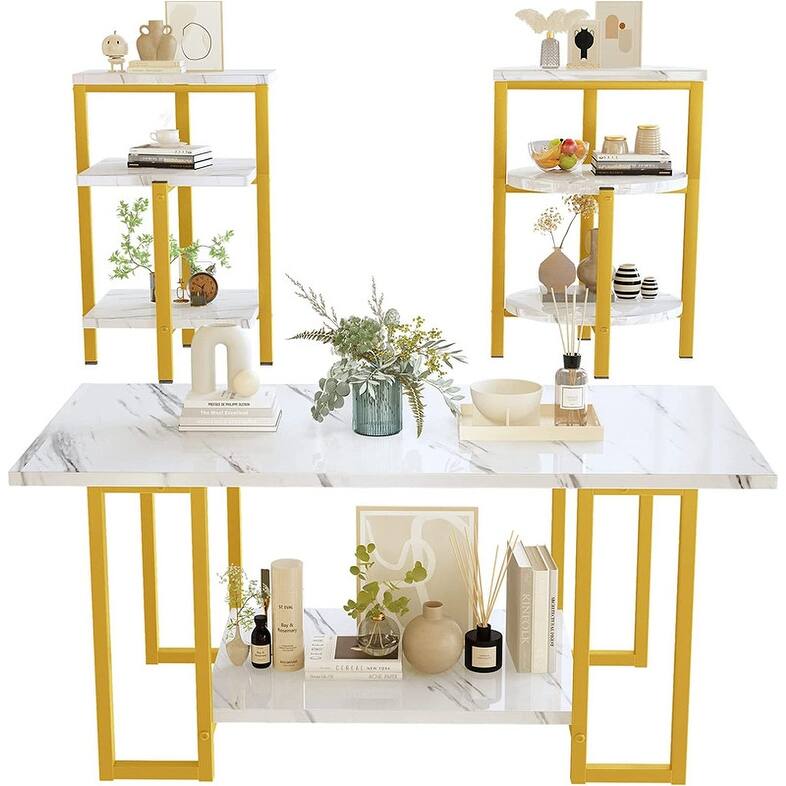 3 Pieces Faux Marble Coffee Table Set with 1 Coffee Table and 2 End Tables, Modern Sofa Side Table with Shelf, Cocktail Table