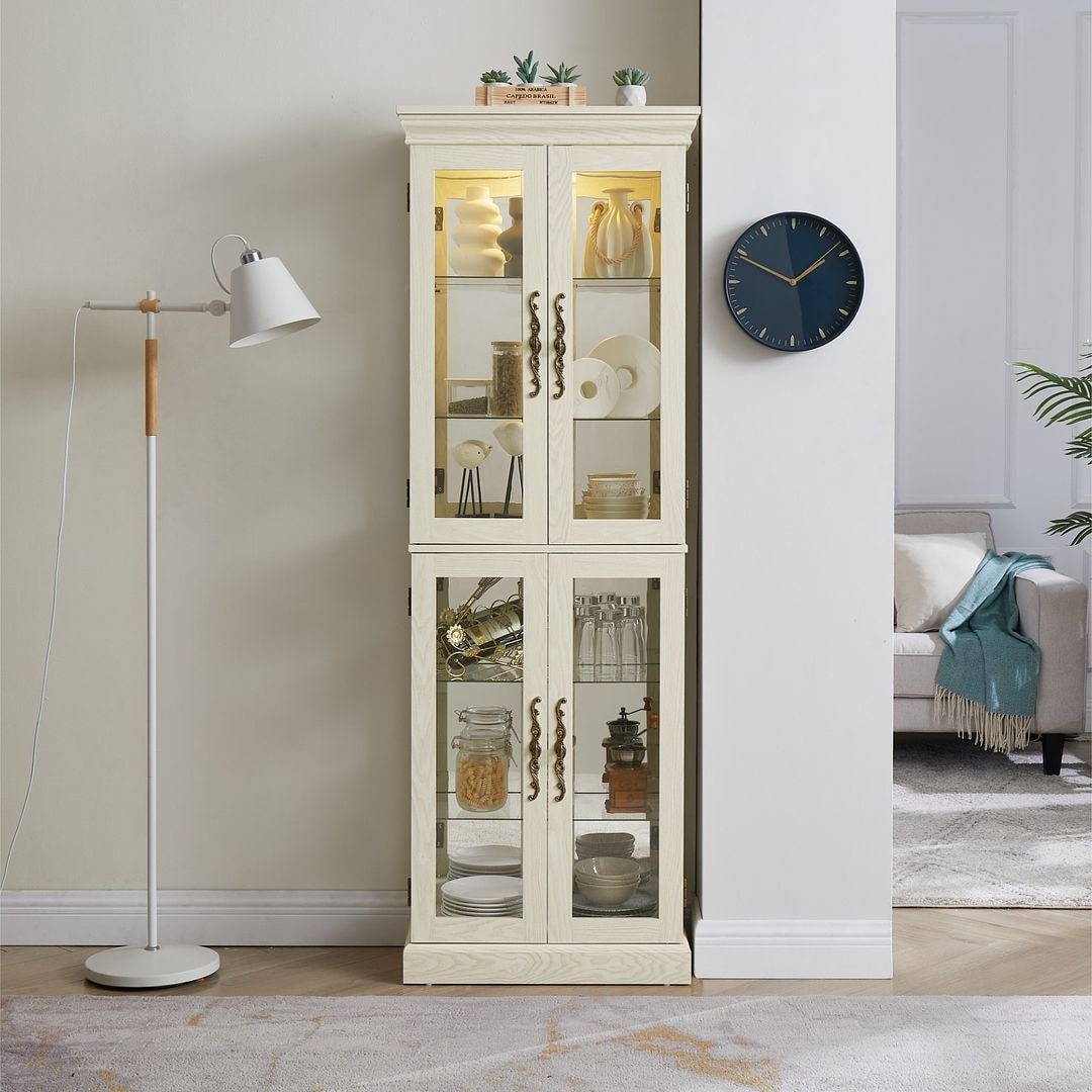 Lighted Tall Bookshelf Display Cabinet Curio Cabinet with Glass Door Antique White