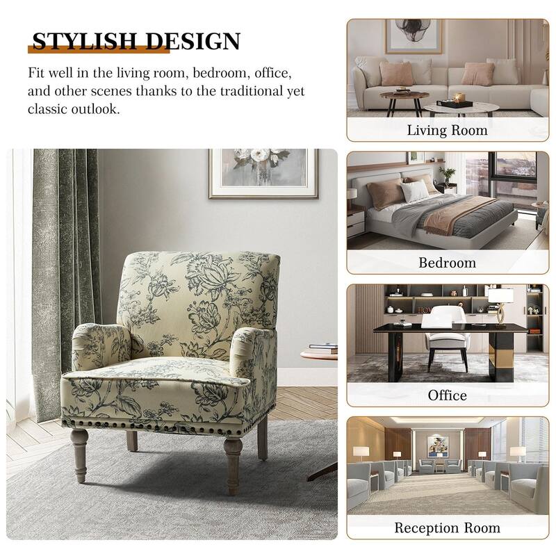 Geltrude Traditonal Floral Fabric Design Upholstered Accent Armchair with Turned Legs by HULALA HOME