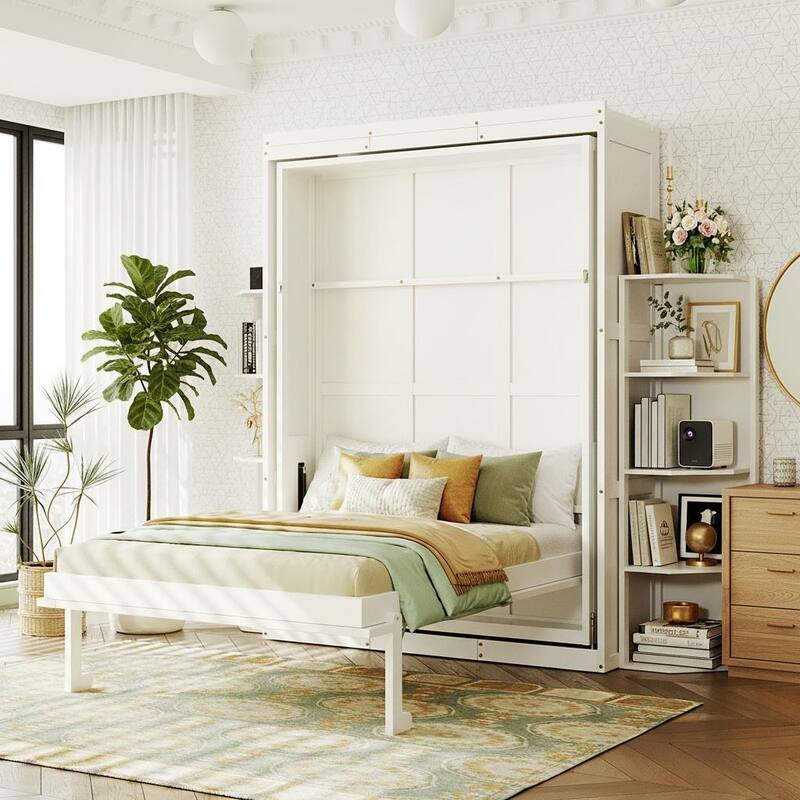 360° Rotating Queen Murphy Wall Bed with Hidden Cabinet, Fold-Down Desk & Dual 3-Tier Bookcase Towers by Harper&Bright Designs - White