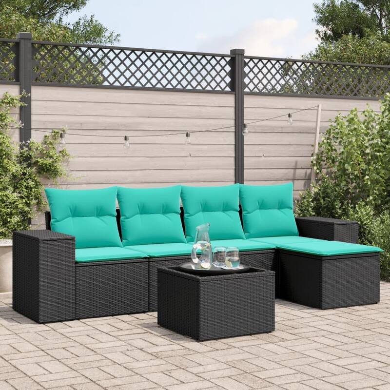 vidaXL 6 Piece Patio Sofa Set with Cushions Black Poly Rattan - 21.7 x 24.4 x 27.2