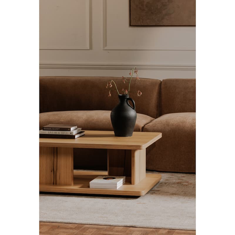 NADAAL STUDIOS Thalor Coffee Table, Large Rectangular Solid Oak Edge, Bullnose Vertical Support, Dark Brown