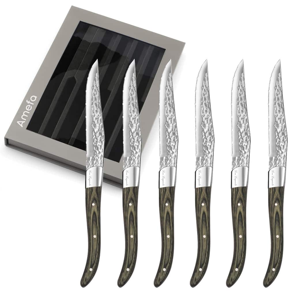 Amefa Set of 6 Lou Laguiole Vulcano Steak Knives - Silver and Pakka Wood