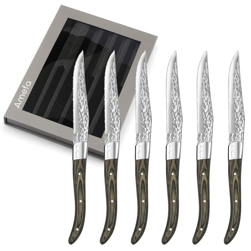 Amefa Set of 6 Lou Laguiole Vulcano Steak Knives - Silver and Pakka Wood - Silver and Pakka Wood - 6 Piece