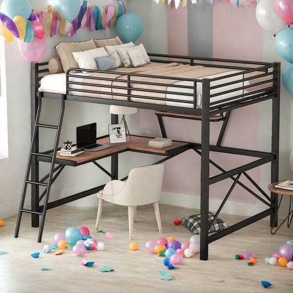 slide 2 of 24, Full Size Modern Style Loft Metal&MDF Bed with Built-in Desk and Shelf,No Box Spring Needed,Space-saving Black