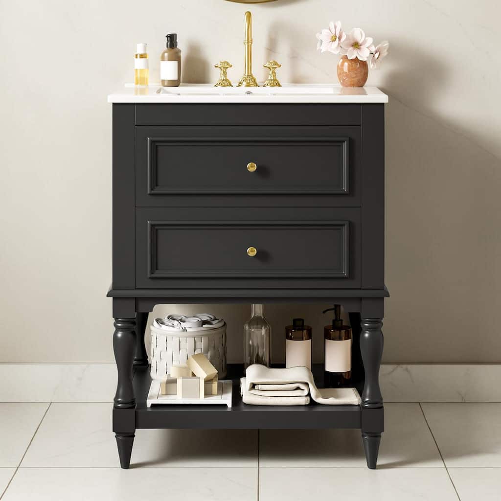 24 Inch Bathroom Vanity with Ceramic Sink, Retro Bathroom Storage Cabinet with Open Shelf and 2 Drawers