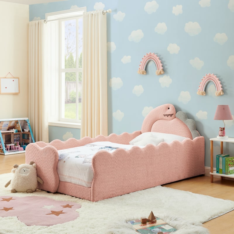 Twin Dinosaur-Shaped Kids Bed with Safety Guardrail - Solid Wood Toddler Bed Frame in Boucle Fabric