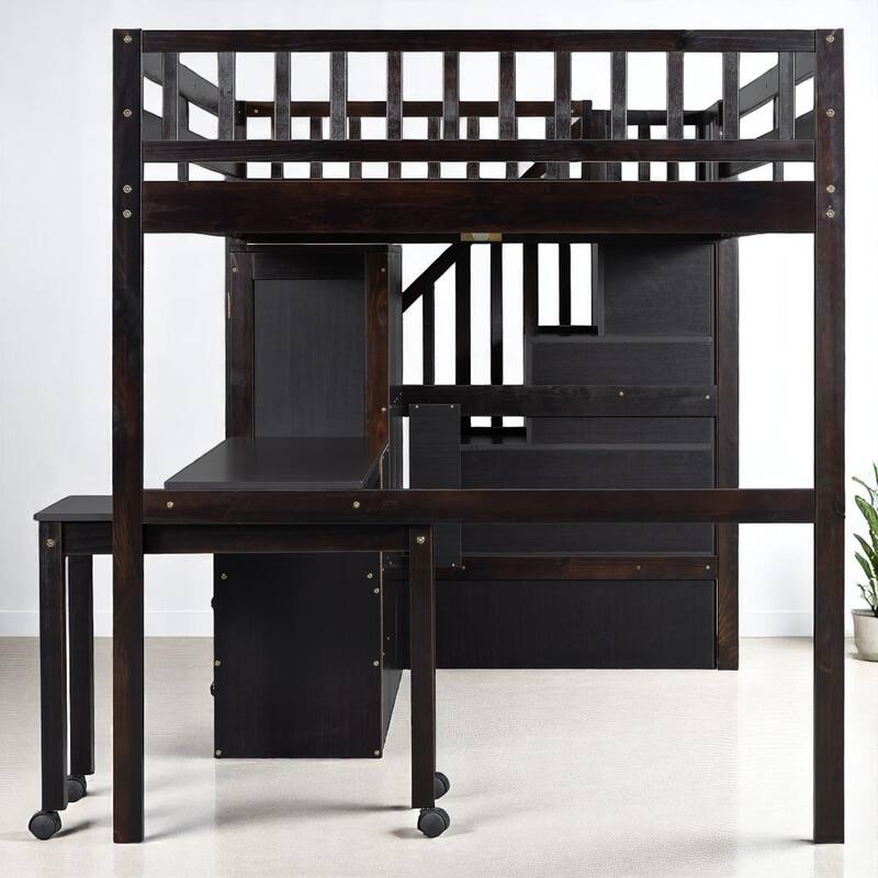 Twin/Full Size Loft Bed with Desk, Wardrobe, Drawers & Stairs, Wood Frame Study Bed with Storage for Kids/Teens