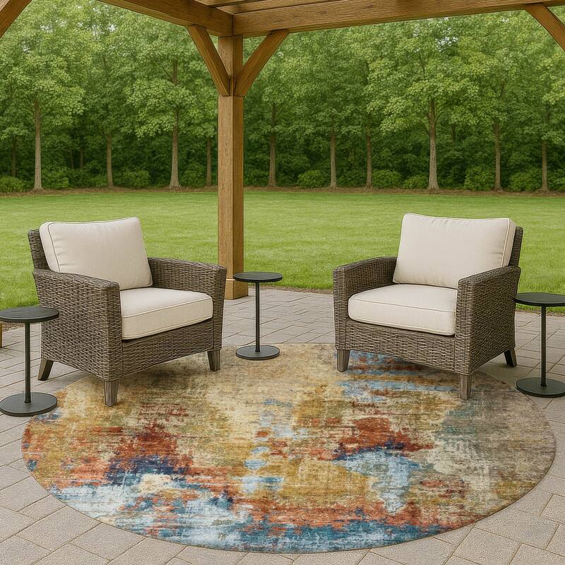 Machine Washable Indoor/ Outdoor Abstact Contemporary Chantille Rug - Beige - 8' x 8'