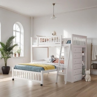 Contemporary Wooden Twin Over Full Bunk Bed With Six Drawers And Flexible Shelves, Bottom Bed With Wheels, Space-saving, White
