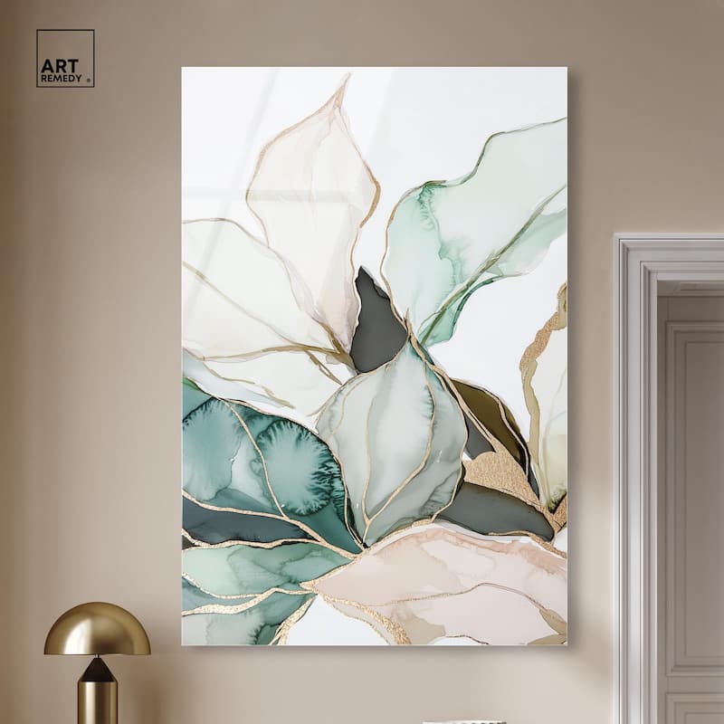 Pastel Leaves with Gold III Acrylic by Art Remedy, Ready to Hang
