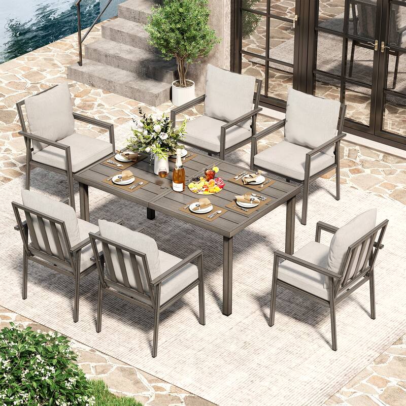 Quietude 7-Piece Gray Aluminum Patio Dining Set with Rectangular Table and Light Gray Cushions