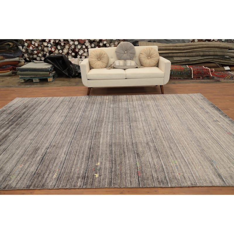 Hand Knotted Oriental Viscose Silk Carpet Tribal Animal Pictorial Greys & Charcoal Gabbeh Area Rug - 11' 7'' X 8' 0''