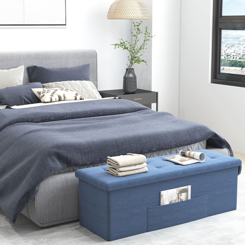 Large 38 Gallon Linen Fabric Storage Ottoman Bench Folding Multipurpose Footrest and Seat with Foam Cushion - 43" × 15" × 15"