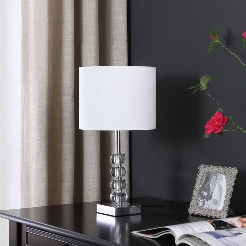 18-Inch Silver Metal and Glass Table Lamp with White Drum Shade - 9.50" x 9.50" x 17.75"