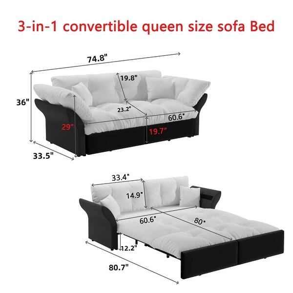 74.8" Queen Pull Out Sofa Bed with Tufted Design and 2 Pillows