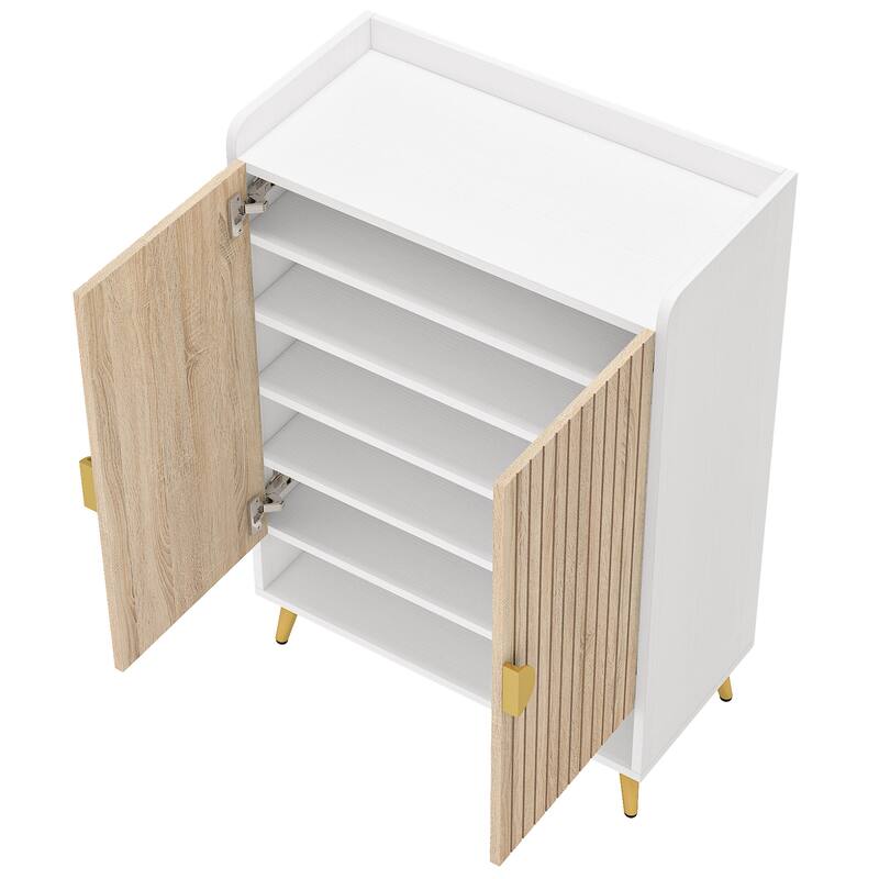 29" White & Natural Wooden Shoe Cabinet, 7-Tier
