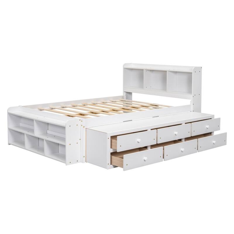 Full Bed with Bookcase Headboard Under bed Storage Drawers and Bed End Storage Case