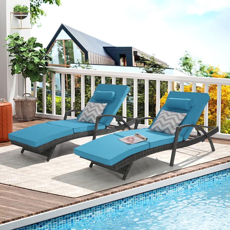 Outdoor Wicker Long Reclining Chair Set of 2 with Cushions