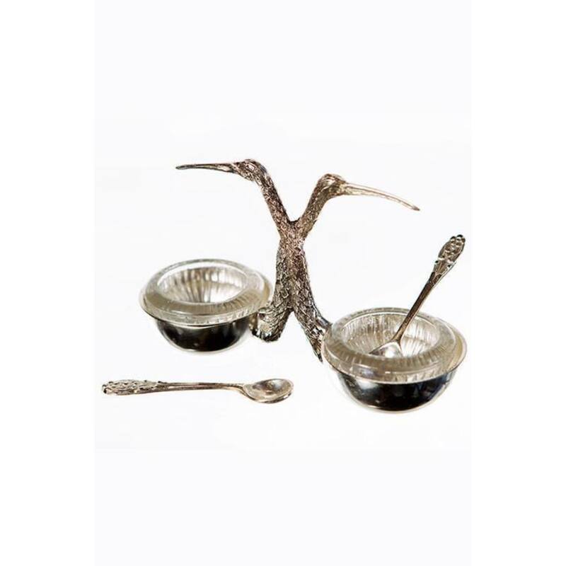 Modern Silver Salt and Pepper Cellar with Clear Glass Compartments and Silver Serving Spoons - 5.5 L x 2.25 W x 3.25" H