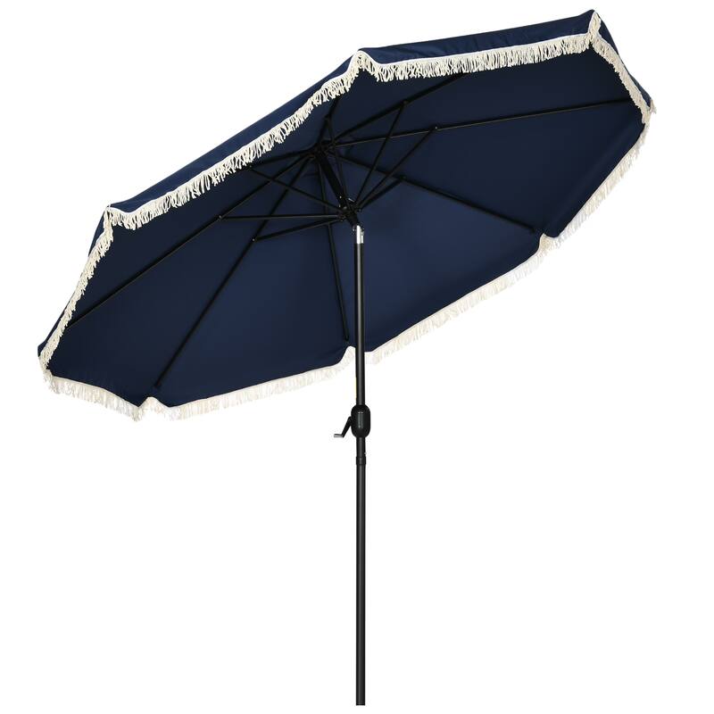 Outsunny 9ft Patio Umbrella with Push Button Tilt and Crank, Ruffled Outdoor Market Table Umbrella with Tassles and 8 Ribs