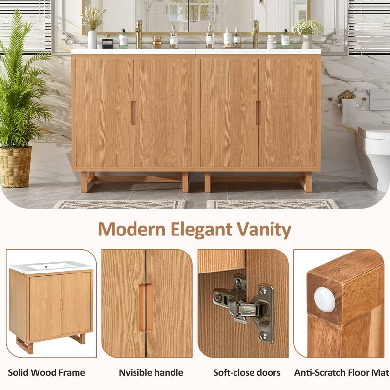 GDFStudio - Transitional Double Bathroom Vanity Set with Resin Sink, Soft Close Doors & Solid Wood Legs, Set of 2