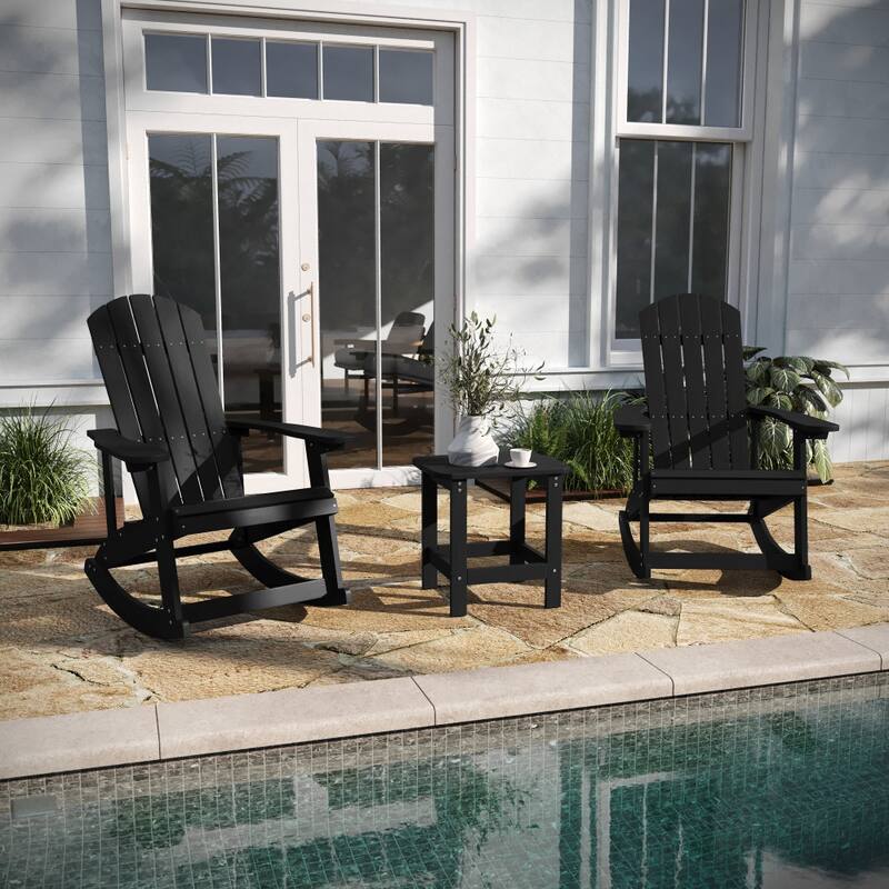 Set of 2 Poly Resin Adirondack Rocking Chairs with 1 Side Table - Black