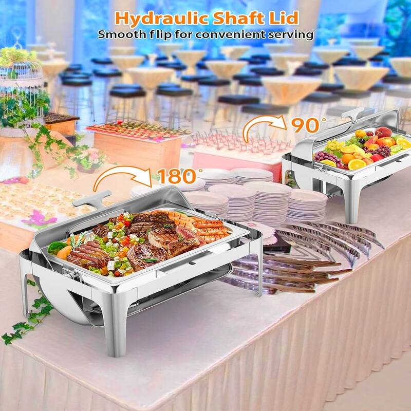Roll Top Chafing Dish Buffet Set Rectangular 9QT Stainless Steel Catering Food Warmers with Glass Window Full Size Silver - 9L
