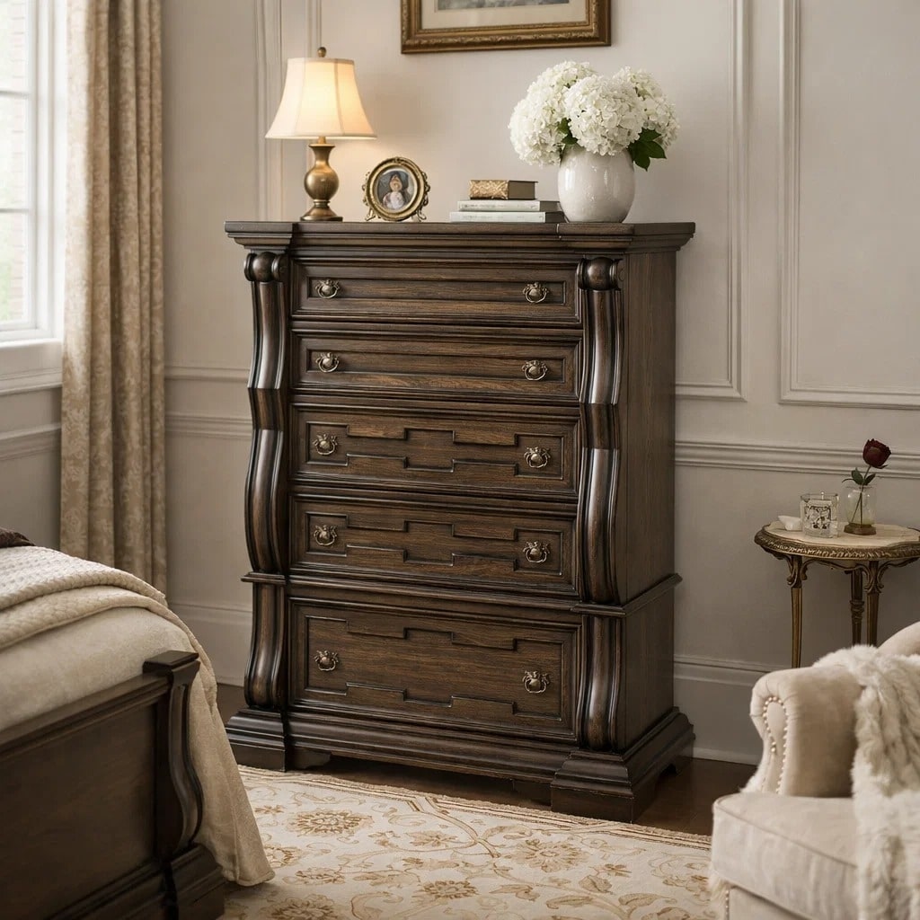 tall dresser dark brown May Chest, 5 Drawers With Antique Gold Knobs, Benjara which gives way to