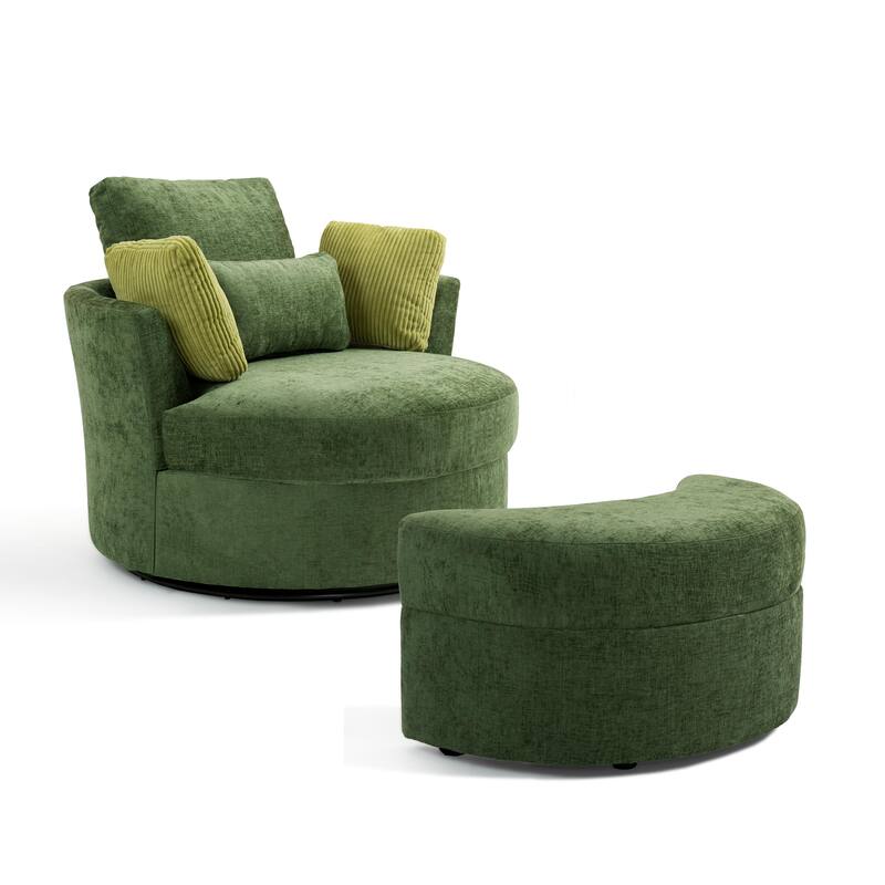 41" W Oversized Accent Barrel Swivel Chair with Moon Storage Ottoman