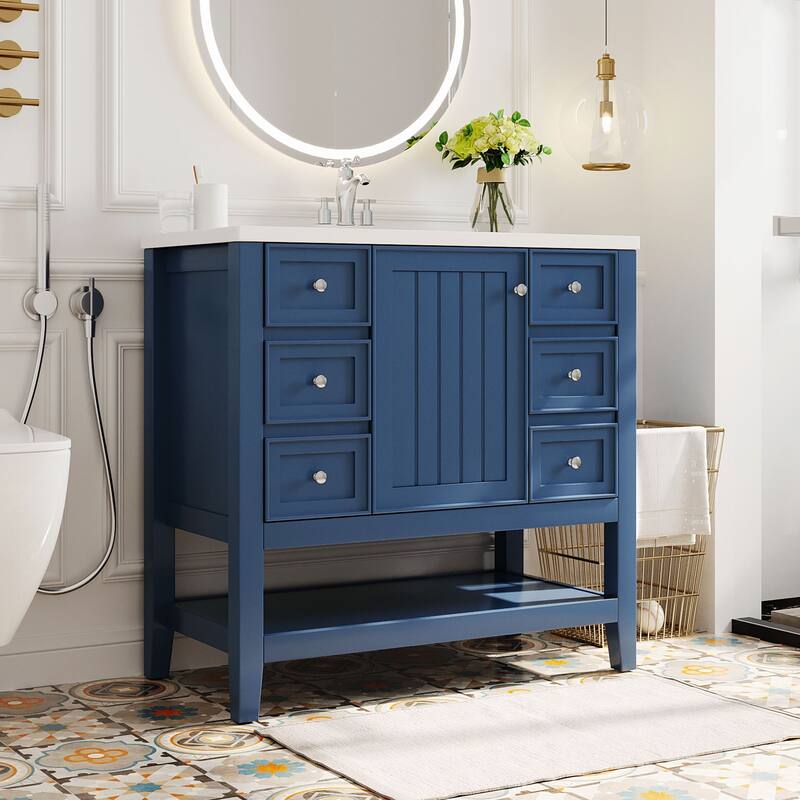 36" Bathroom Vanity with Sink Combo, One Cabinet and Three Drawers, Solid Wood and MDF Board