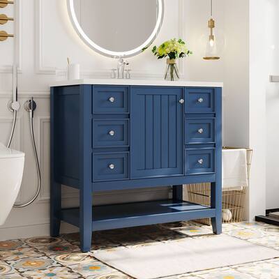 Blue 36" Solid Wood Bathroom Vanity Cabinet with Sink,3 Drawers