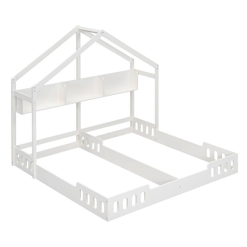 Roomfitters Wood Twin Size House Platform Beds with Two Shared Frames, Shelves and Guardrail, White
