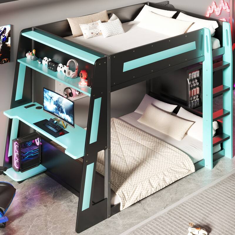 GDFStudio - Solid Wood Full Size Gaming Bunk Bed with Desk, USB & LED