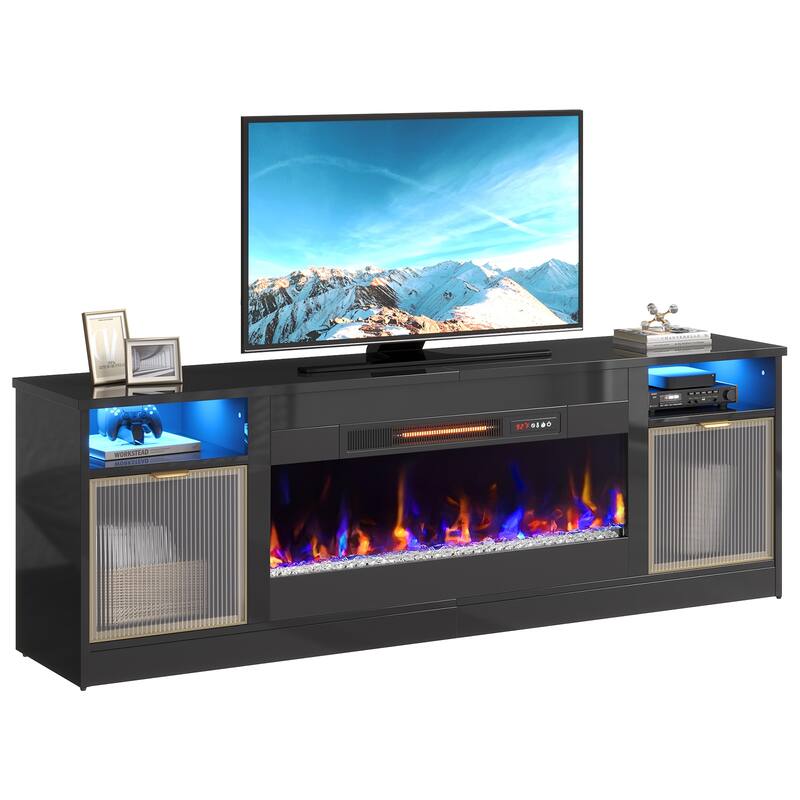 Bestier 71 in. Freestanding Fireplace TV Stand for TVs Up to 80 in. with Ample Storage in Glossy - 22.83hx71wx15.75d