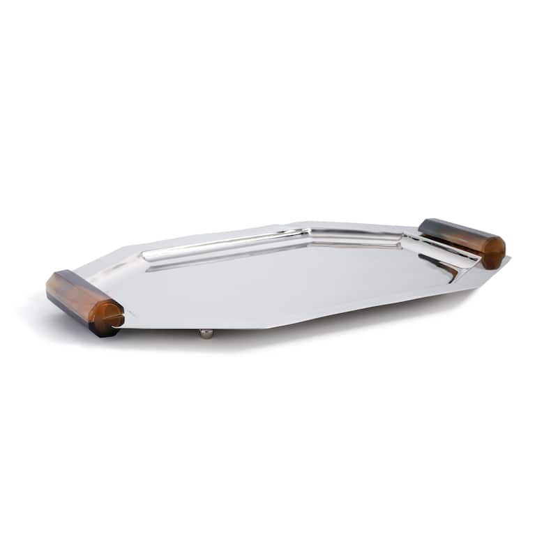 Polished Octagon Metal Serving Trays with Horn Handles - Nickel - Medium