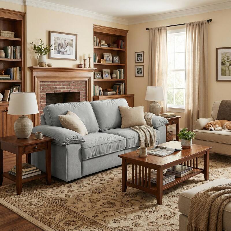 Roomfitters Modern Overstuffed Upholstered Sofa with Hidden Storage and Padded Arms, Comfy Loveseat for Small Space