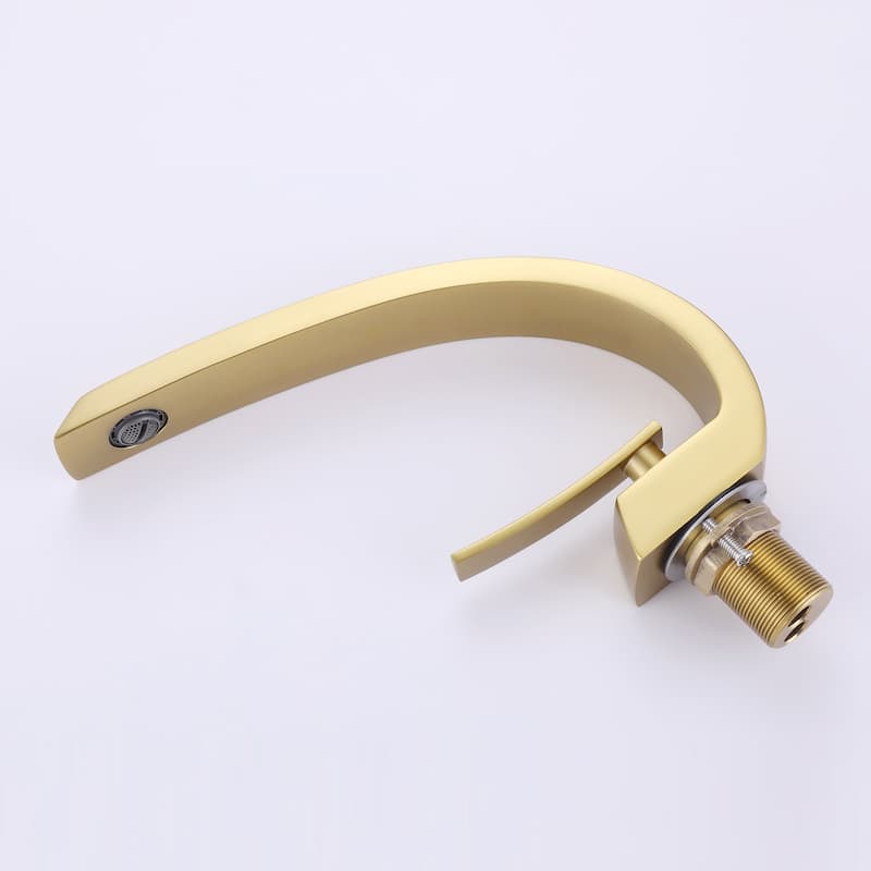 Modland Modern Single Hole Brushed Gold Bathroom Sink Faucet Curved Spout with Deck Plate
