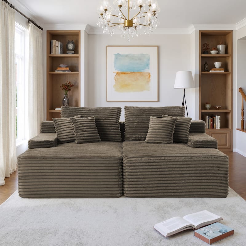 Oversized Upholstered Modular Sectional Chaise Lounge with Pillows - Light Brown-2 chaise - Symmetrical