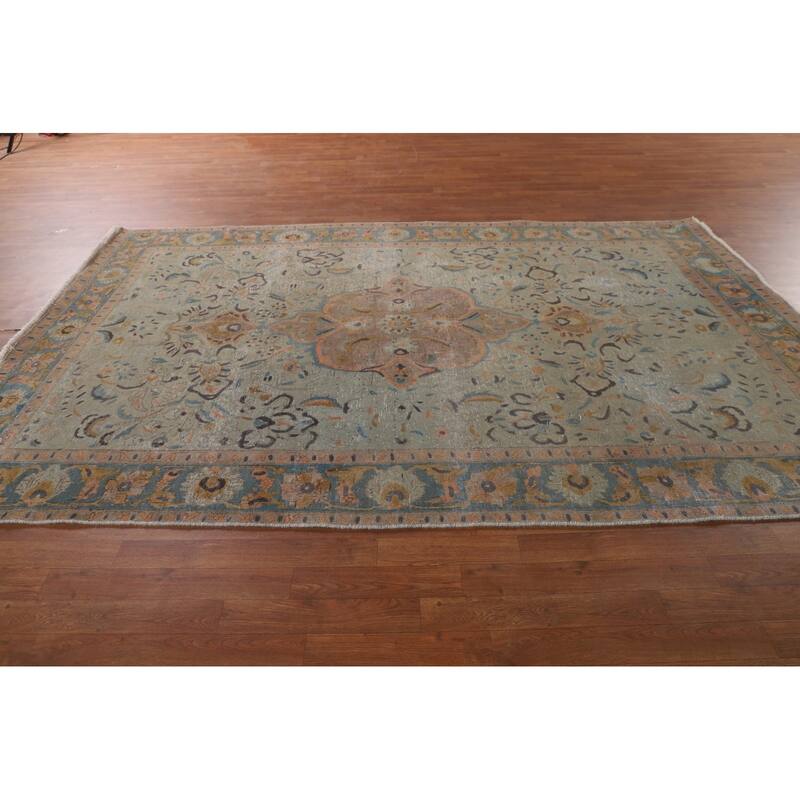 Distressed Over-Dyed Tabriz Antique Area Rug Handmade Wool Carpet - 6'3"x 9'11"