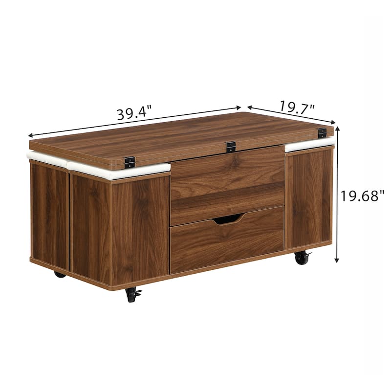 Multi-Functional Lift-Top Coffee Table with Hidden Storage, 4 Stools & Casters, Modern Center Table for Small Spaces