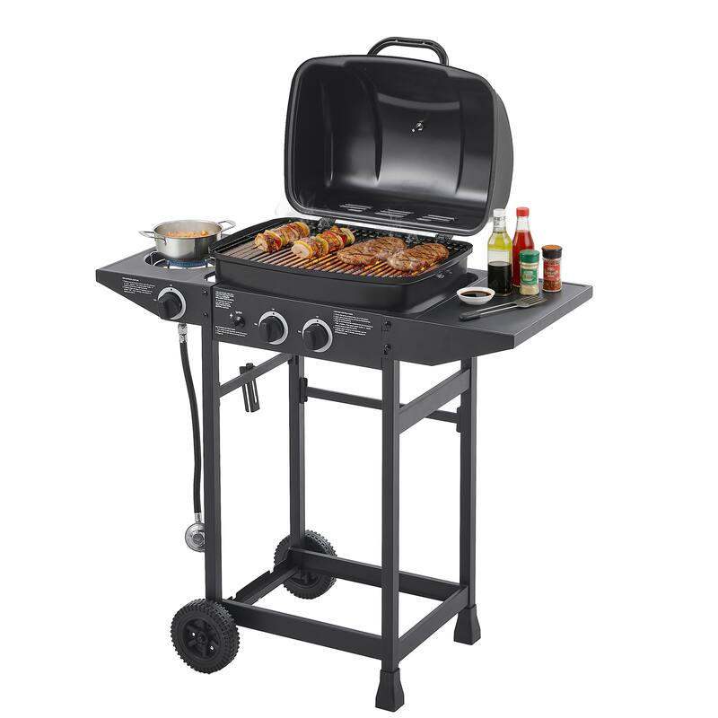 Anmytek 2-Burner Stainless Steel Propane Gas Grill with Side Burner 24000 BTU Enameled Grates Side Tables