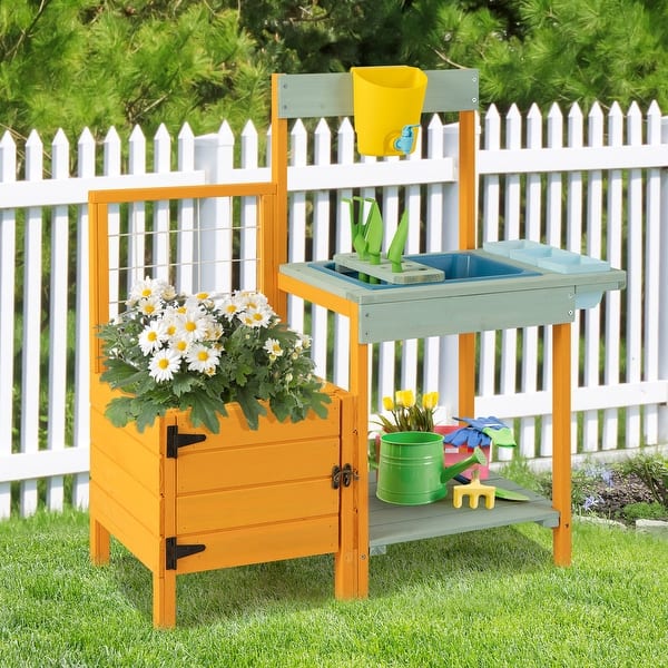 slide 2 of 9, Kids Outdoor Potting Bench with See-Through Window - 35" x 15" x 35"(L x W x H) Yellow and Blue