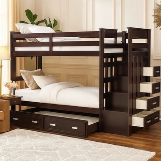 Classic Wood Twin Bunk Bed with Trundle, Storage Ladder, 5 Drawers, Brown