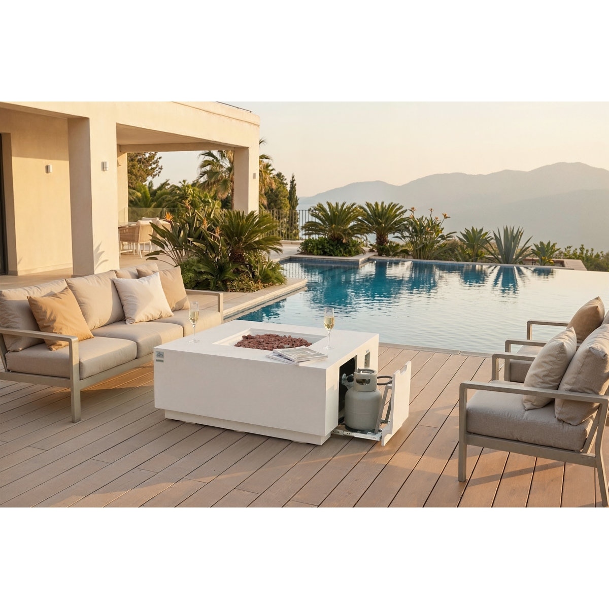 Oceanside 48" Square Outdoor Fire Pit Table With Hideaway Propane Tank Holder Bundle