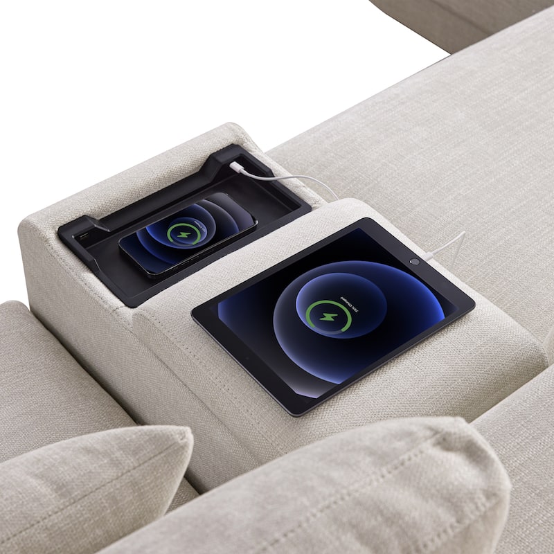 124'' L-Shaped Sectional Sofa Chenille Upholstered Cloud Couches with Multi-Functional Storage Console & Movable Ottoman