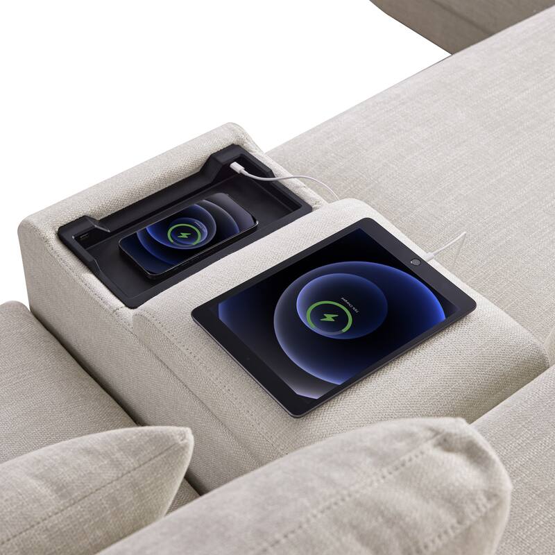 Oversized Modular Sectional Sofa, Chenille 4 Seat Sofa with Storage Console & Movable Ottoman, Comfy Sofa with 4 Pillows